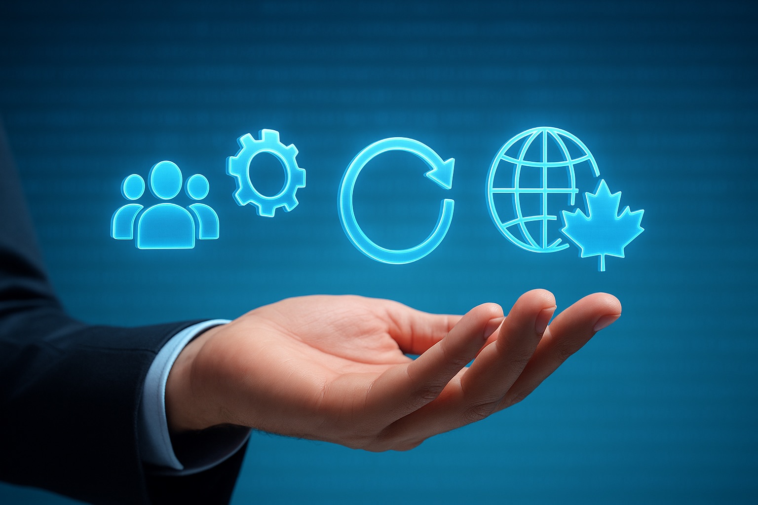 A hand holding a series of glowing blue digital icons, representing collaboration (people), innovation (gear), renewal/strategy (circular arrow), and global impact (globe with a Canadian maple leaf).